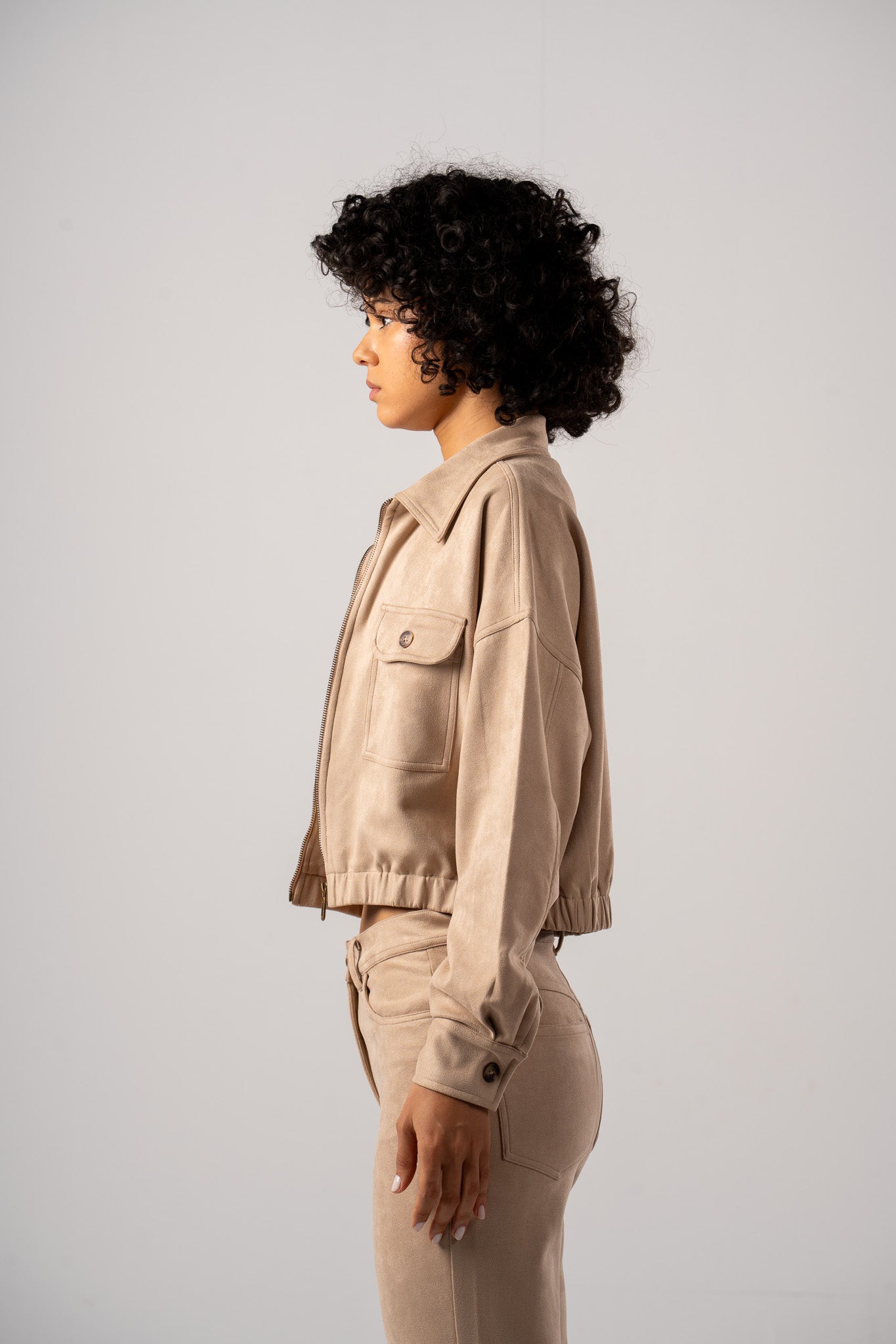 Beige Zip Up Suede Jacket